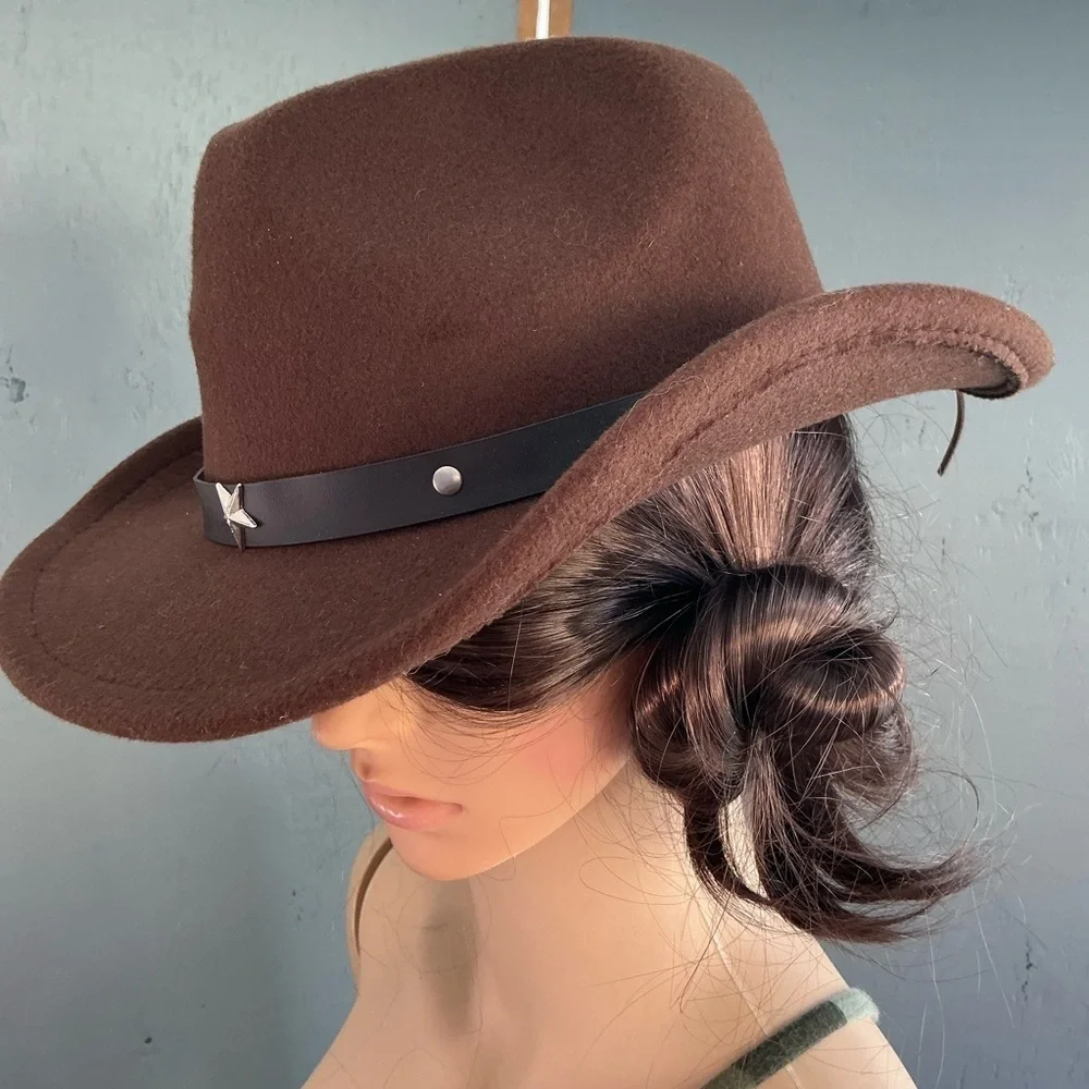 Western Cowboy Hat Brown With Star Accents Big Girls/  Women Wool Mix